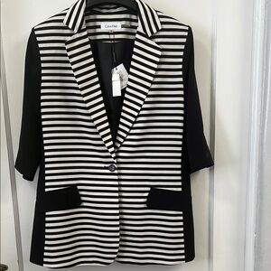 NWT Calvin Klein Black and White Striped Blazer 3/4 sleeve.